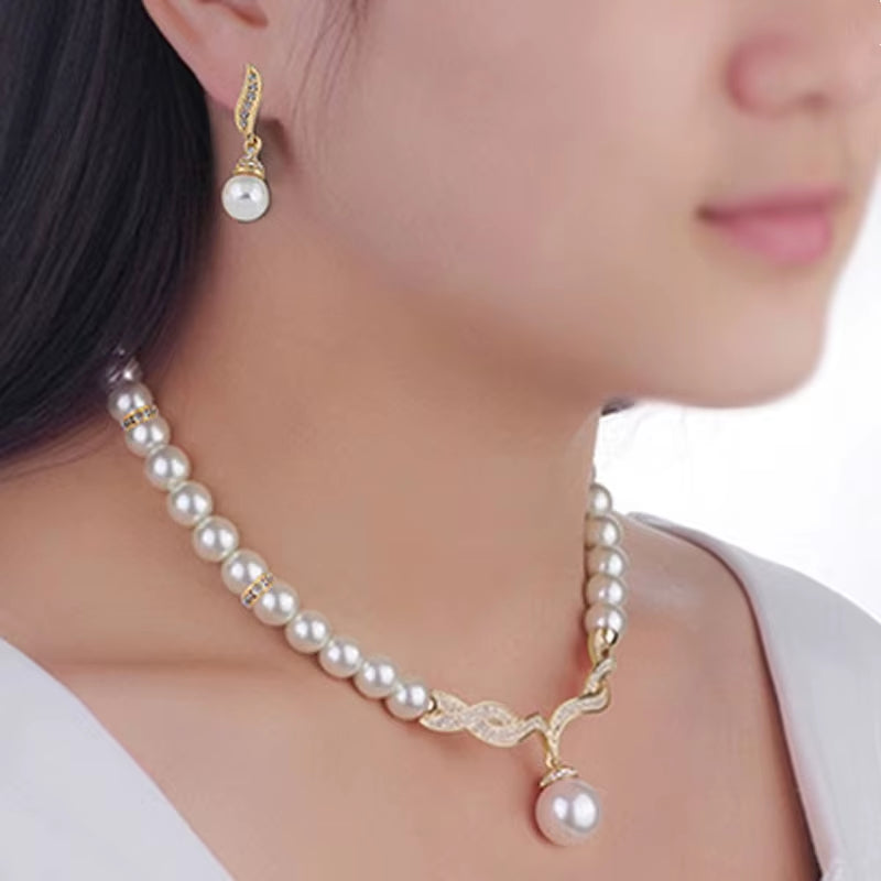 Fatpig Creative Gold Color Necklace 1Pair Earrings Wedding Bridal Pearl Jewelry Set for Women Lady Female Hot Sale