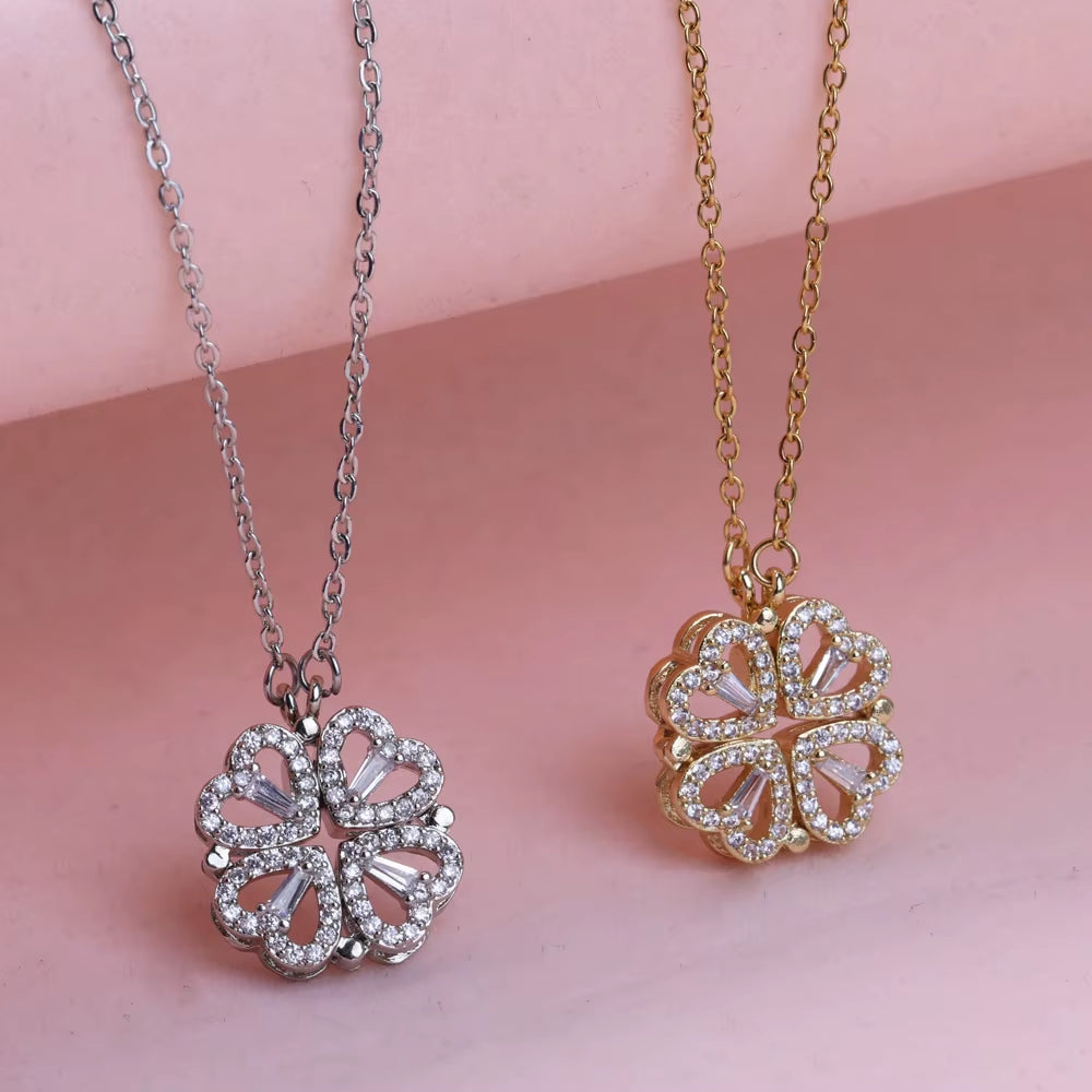 Special Design Closed Four-Leaf Clover Open Heart Magnetic Pendant Charm Necklace Women Gift Jewelry