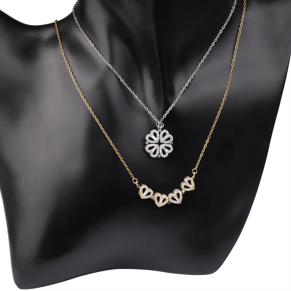 Special Design Closed Four-Leaf Clover Open Heart Magnetic Pendant Charm Necklace Women Gift Jewelry