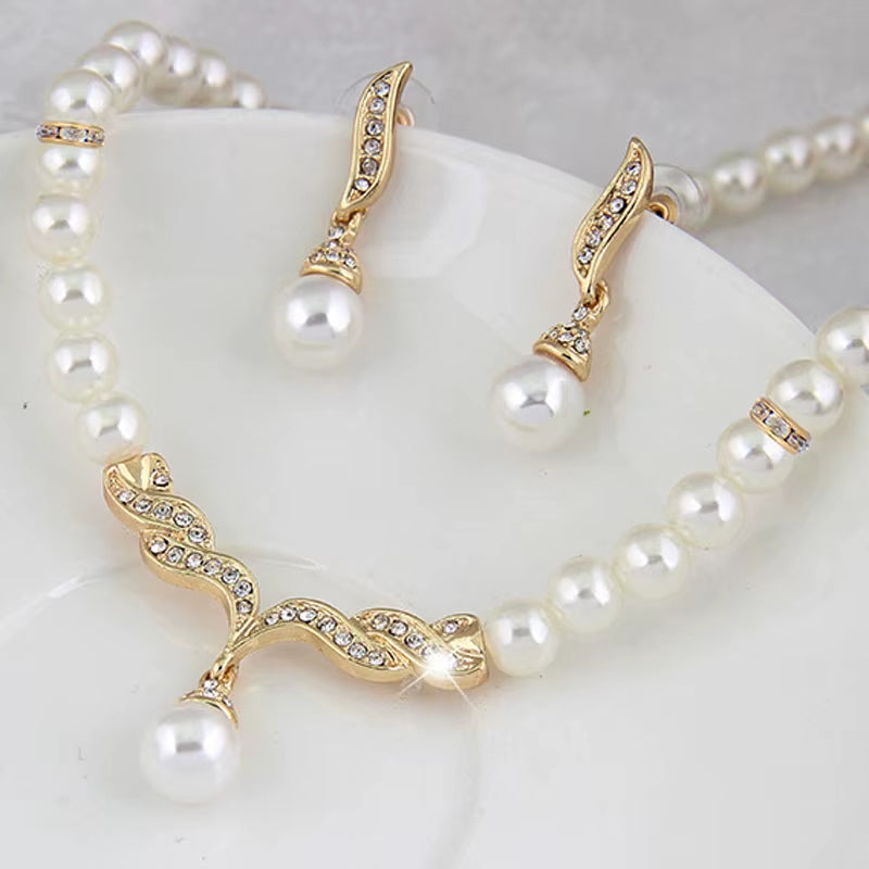 Fatpig Creative Gold Color Necklace 1Pair Earrings Wedding Bridal Pearl Jewelry Set for Women Lady Female Hot Sale