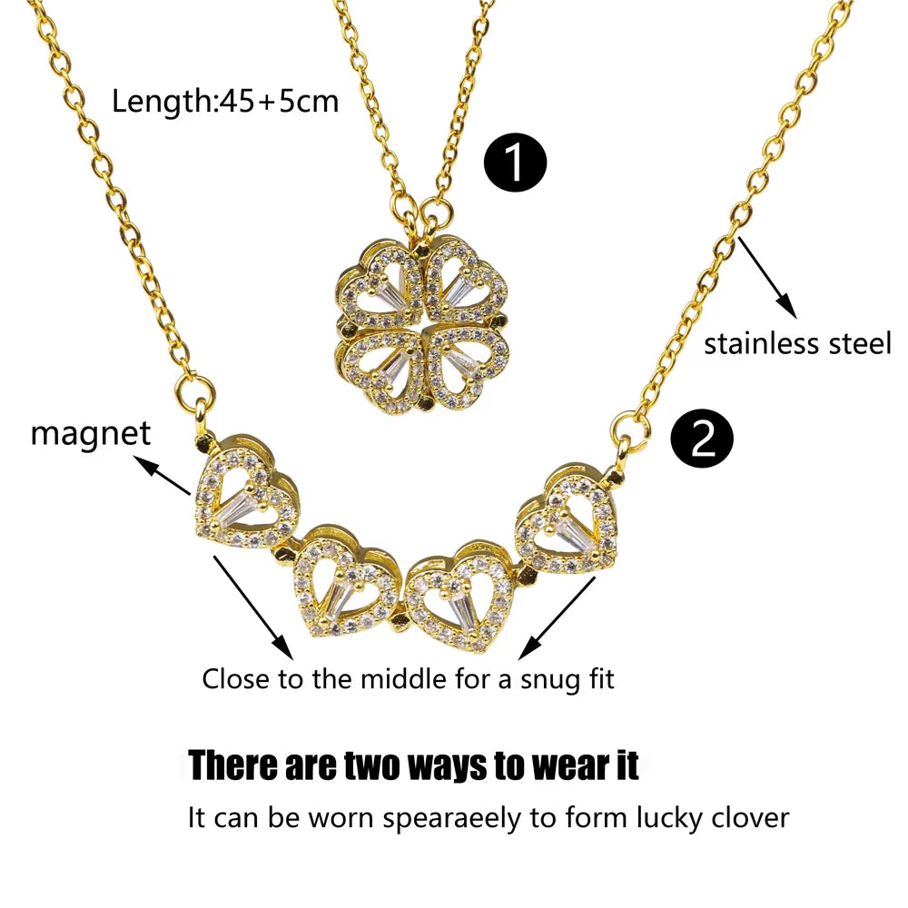 Special Design Closed Four-Leaf Clover Open Heart Magnetic Pendant Charm Necklace Women Gift Jewelry
