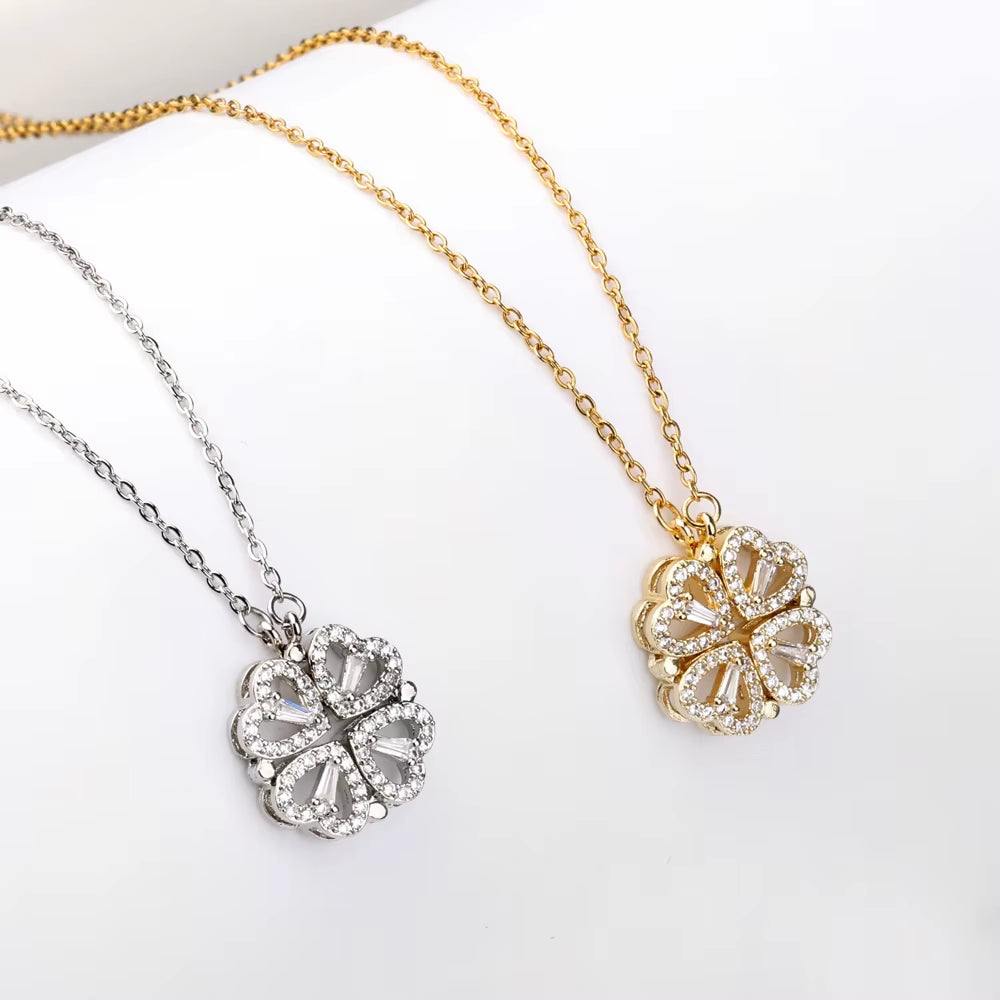 Special Design Closed Four-Leaf Clover Open Heart Magnetic Pendant Charm Necklace Women Gift Jewelry