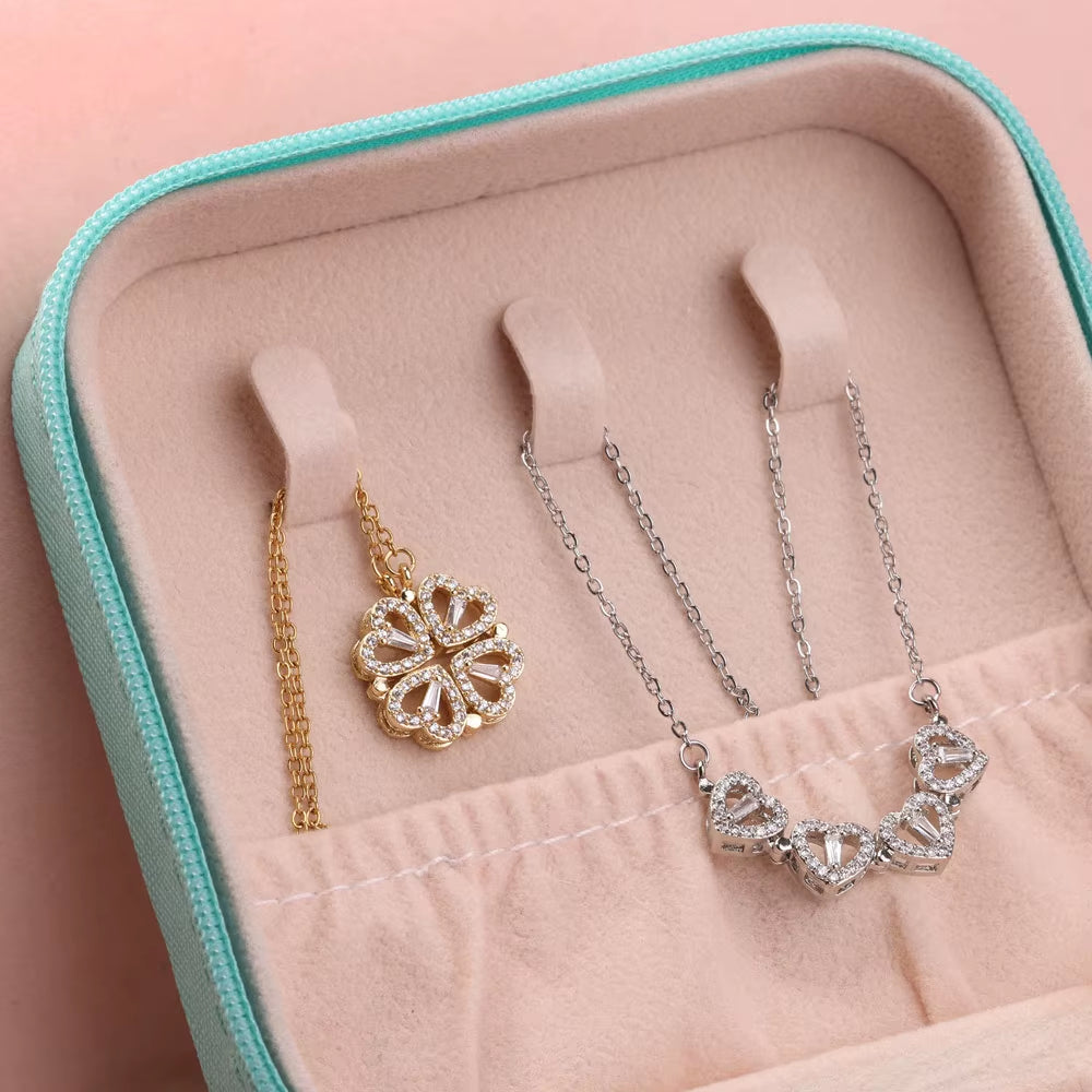 Special Design Closed Four-Leaf Clover Open Heart Magnetic Pendant Charm Necklace Women Gift Jewelry