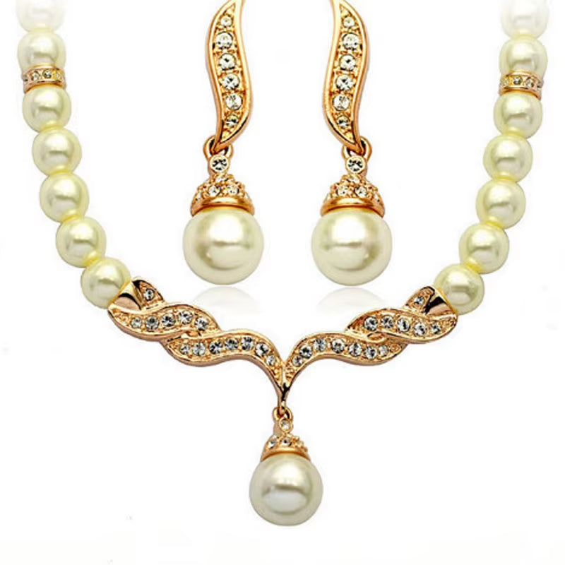 Fatpig Creative Gold Color Necklace 1Pair Earrings Wedding Bridal Pearl Jewelry Set for Women Lady Female Hot Sale