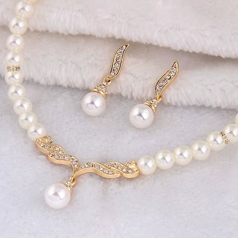 Fatpig Creative Gold Color Necklace 1Pair Earrings Wedding Bridal Pearl Jewelry Set for Women Lady Female Hot Sale